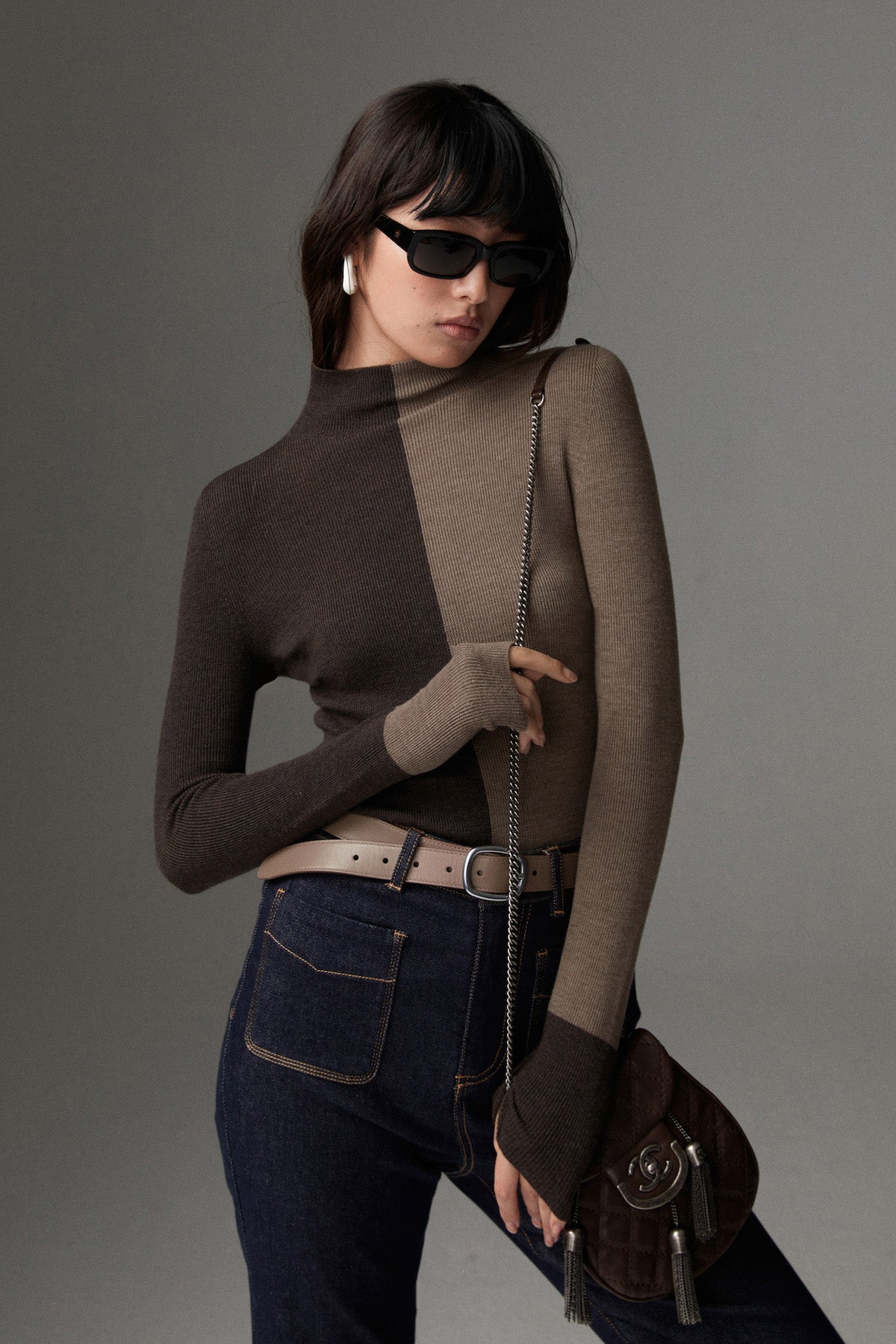 Wool-Blend Two Tone Skinny Knit Top