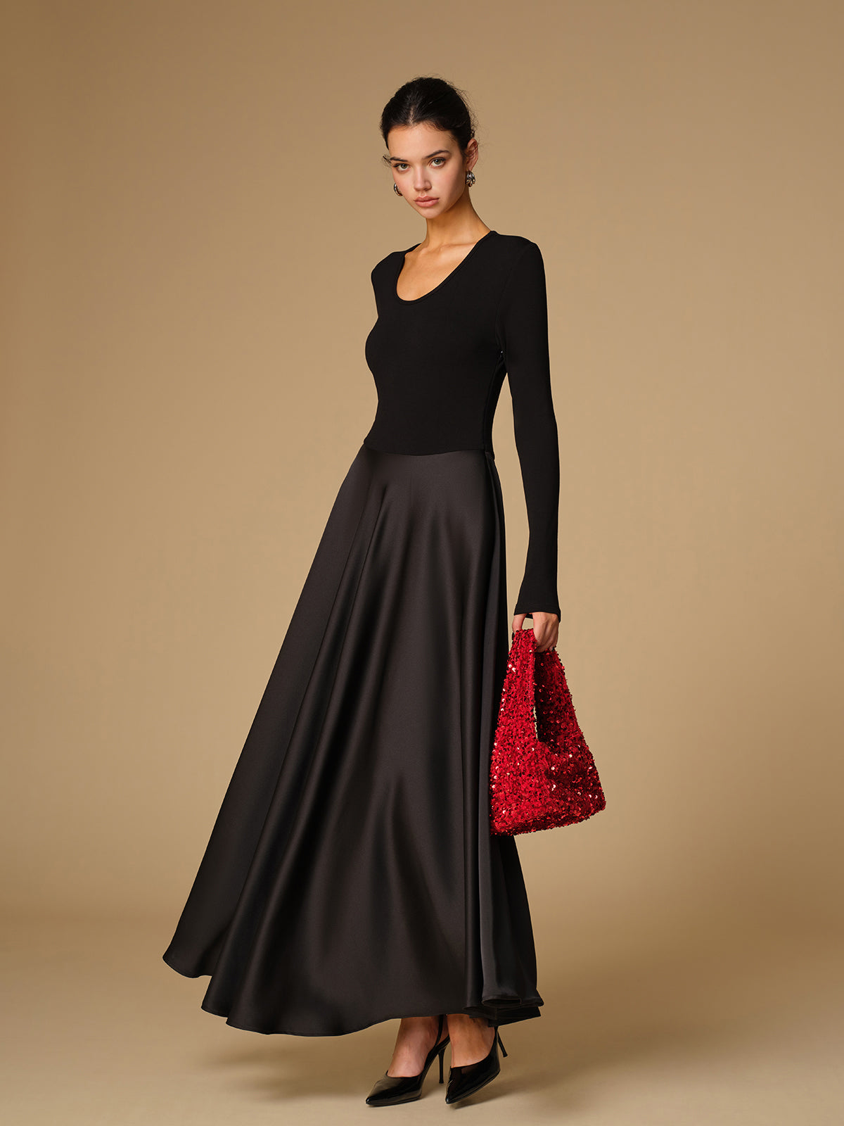 Satin Panel Jersey Long Dress