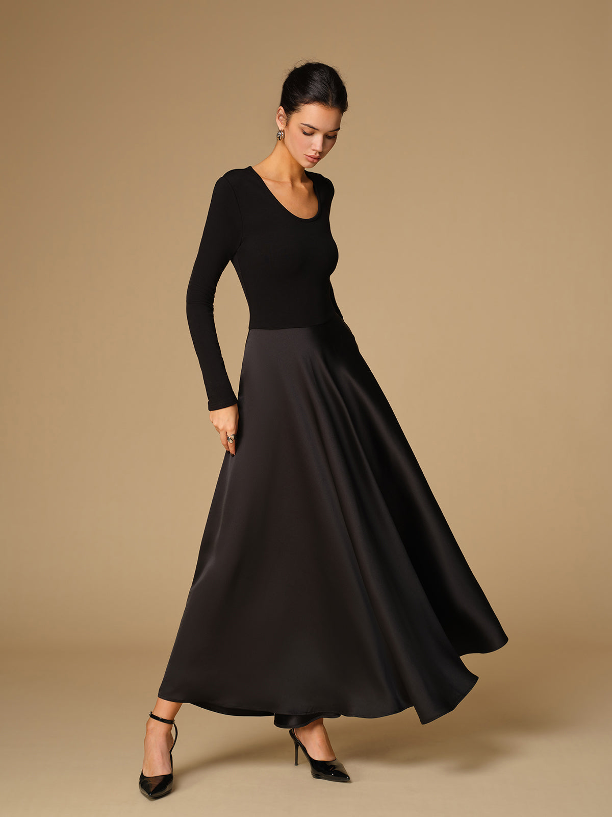 Satin Panel Jersey Long Dress