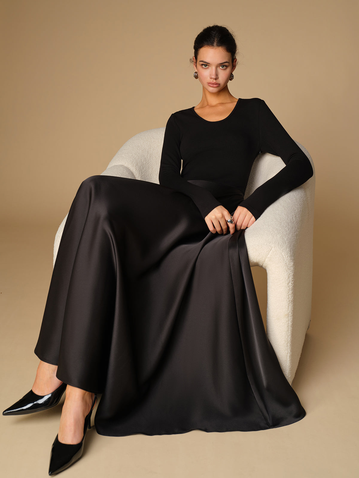 Satin Panel Jersey Long Dress