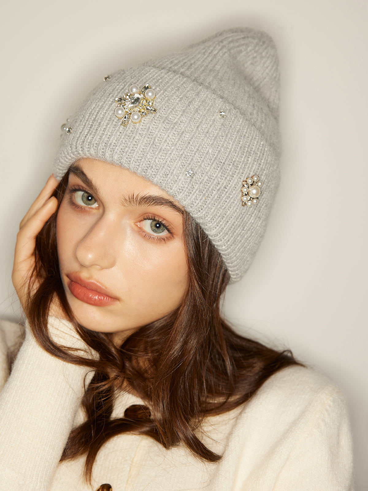 Rhinestone Rabbit Fur Beanie