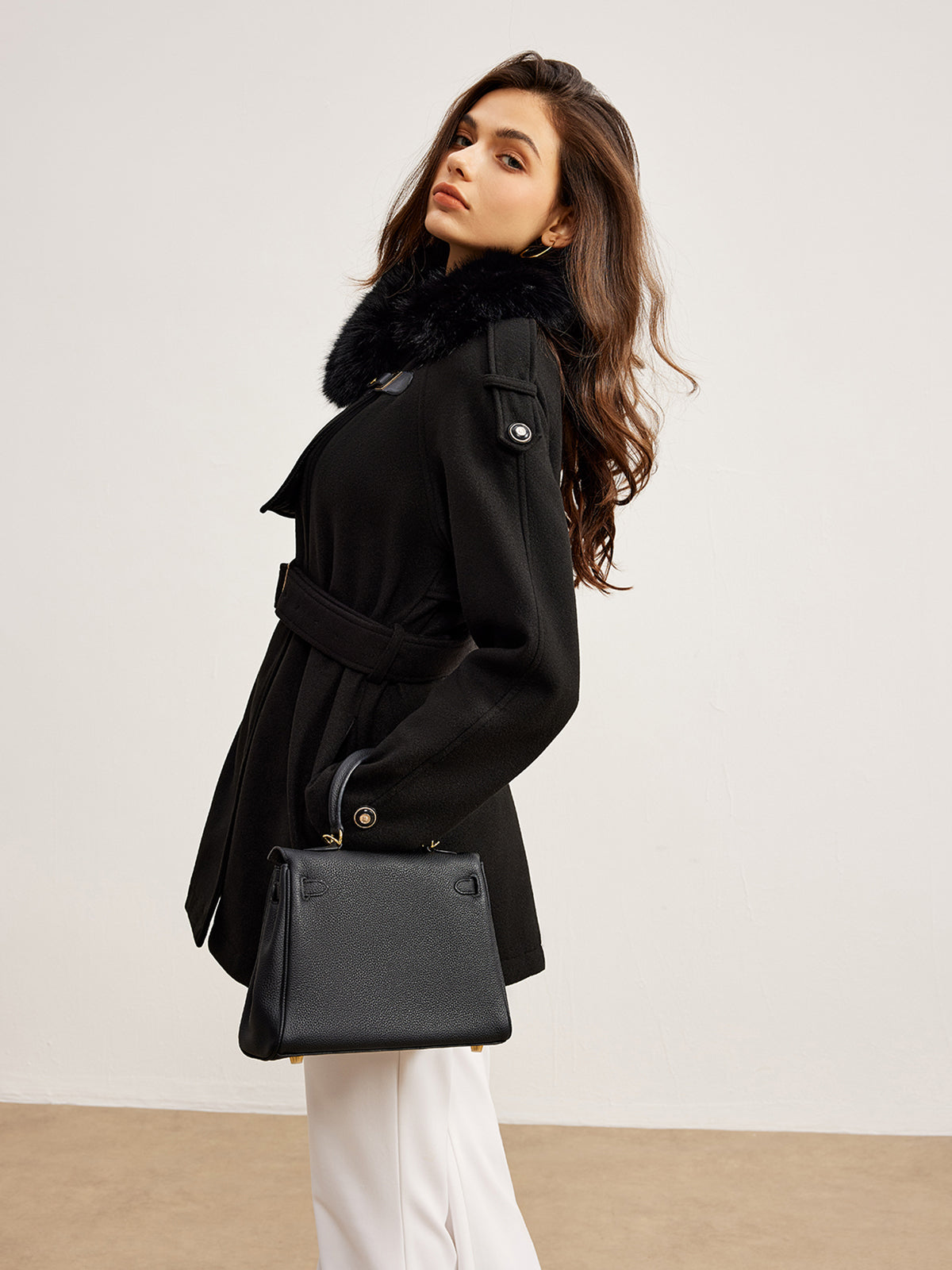 Adjustable Fur-Collar Belted Trench Coat