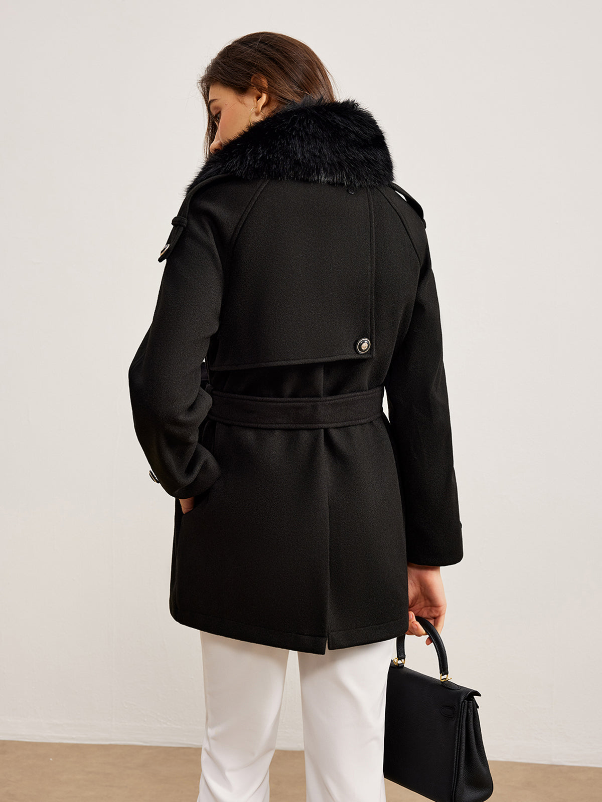 Adjustable Fur-Collar Belted Trench Coat