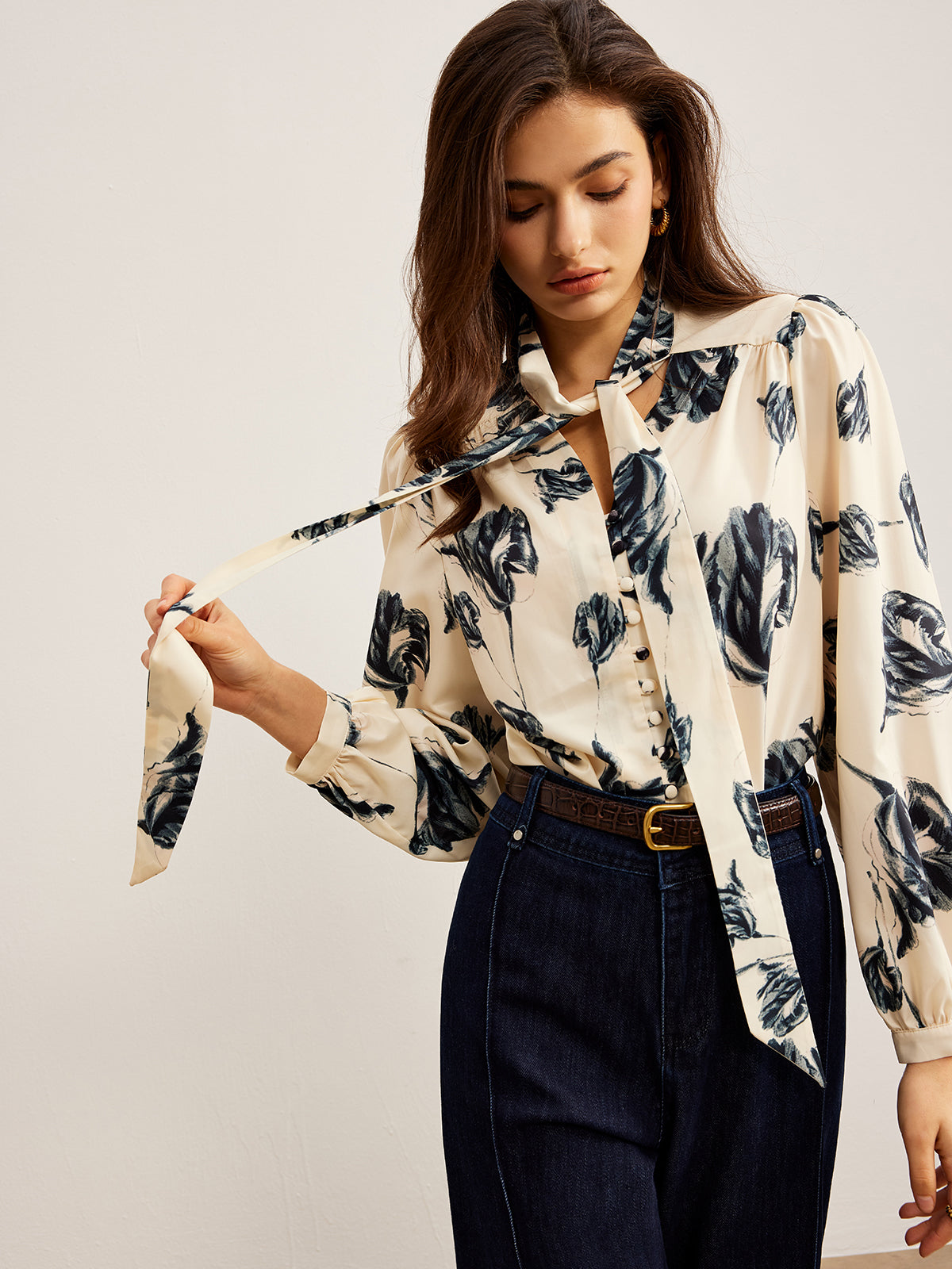 Boheme Printed Tie Neck Satin Blouse