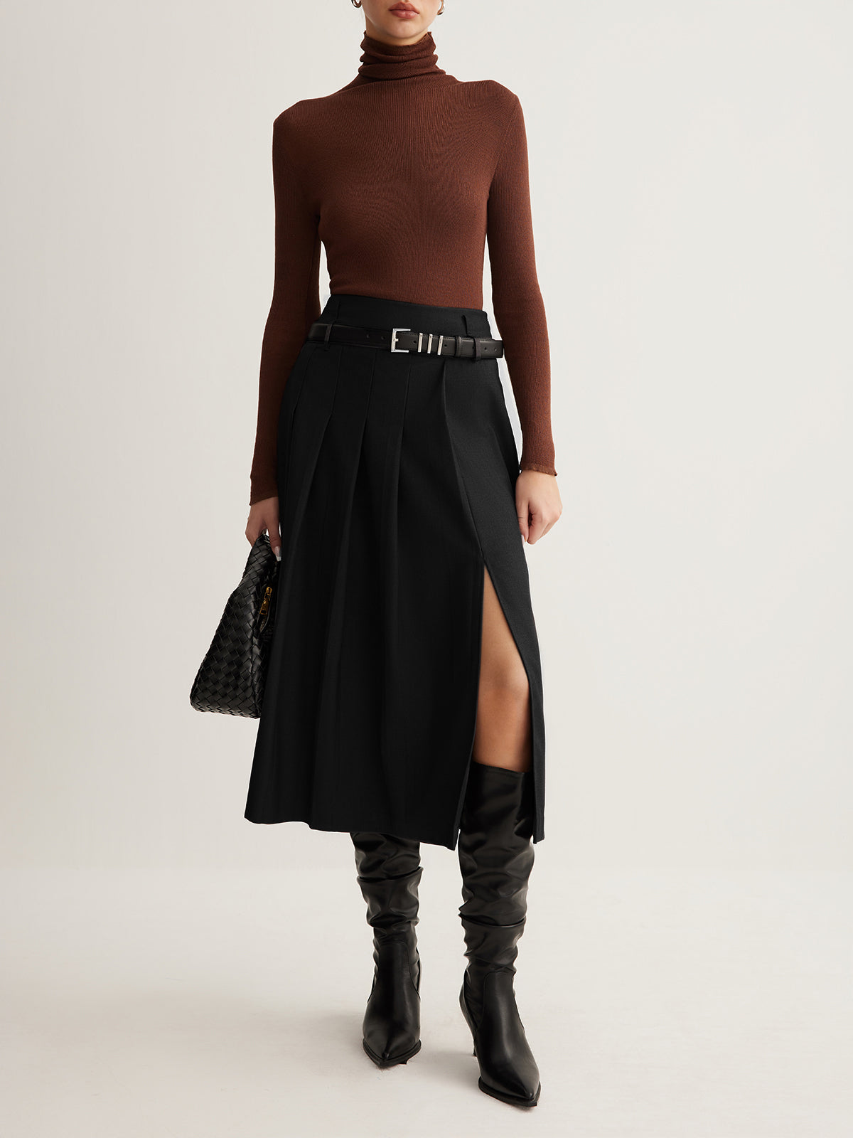 Side Split Pleated Skirt Without Belt