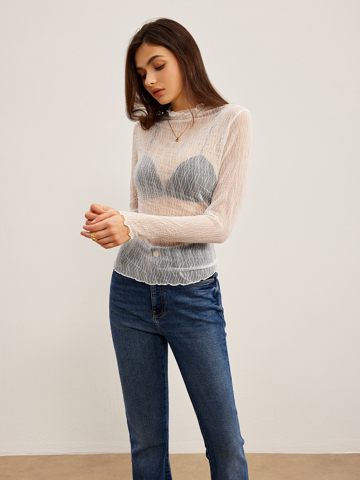 Lettuce Trim Textured Sheer T-Shirt