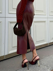 PU Leather Slit Skirt