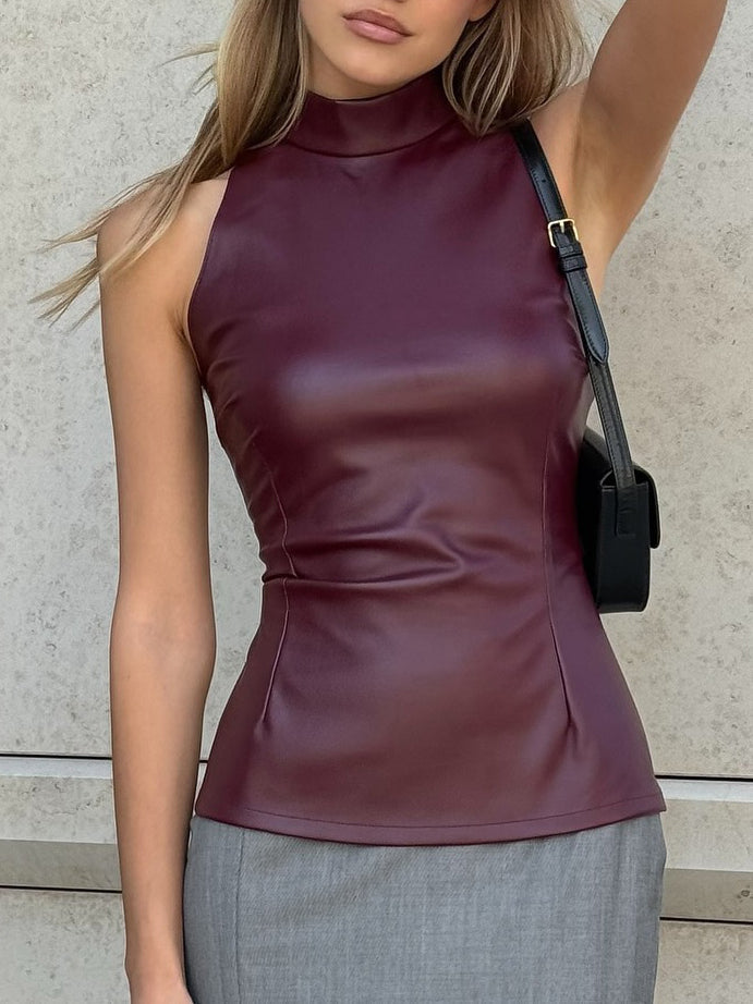 Sleeveless PU Leather Skinny Blouse