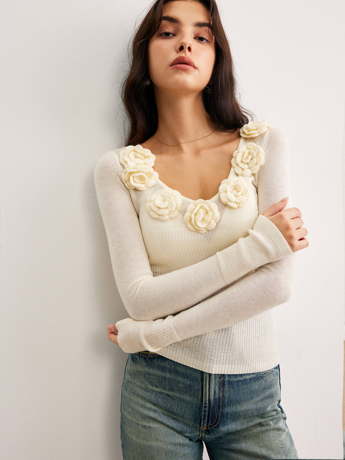 3D Flower Semi-Sheer Knit Top