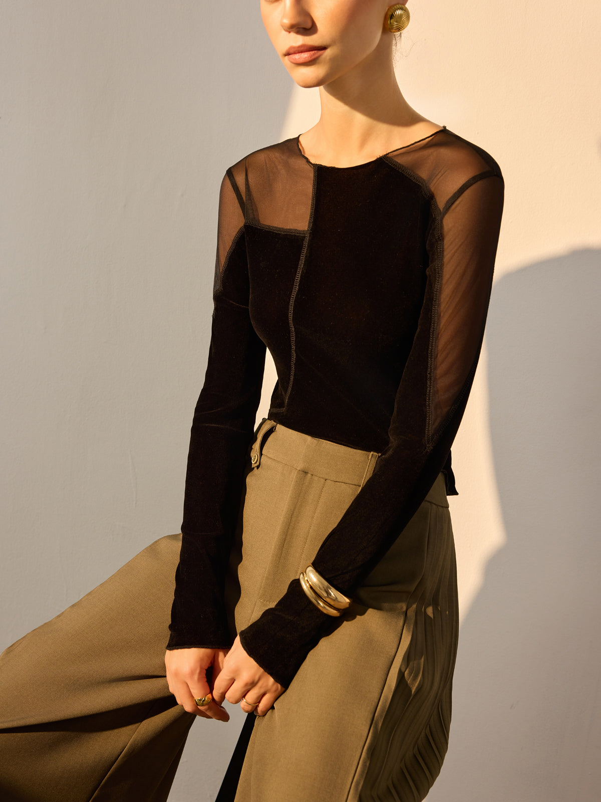 Asymmetrical Mesh-Detail Velvet Top