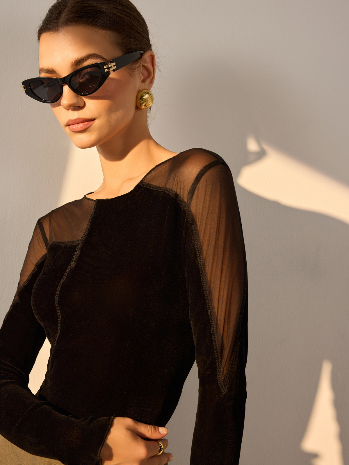 Asymmetrical Mesh-Detail Velvet Top