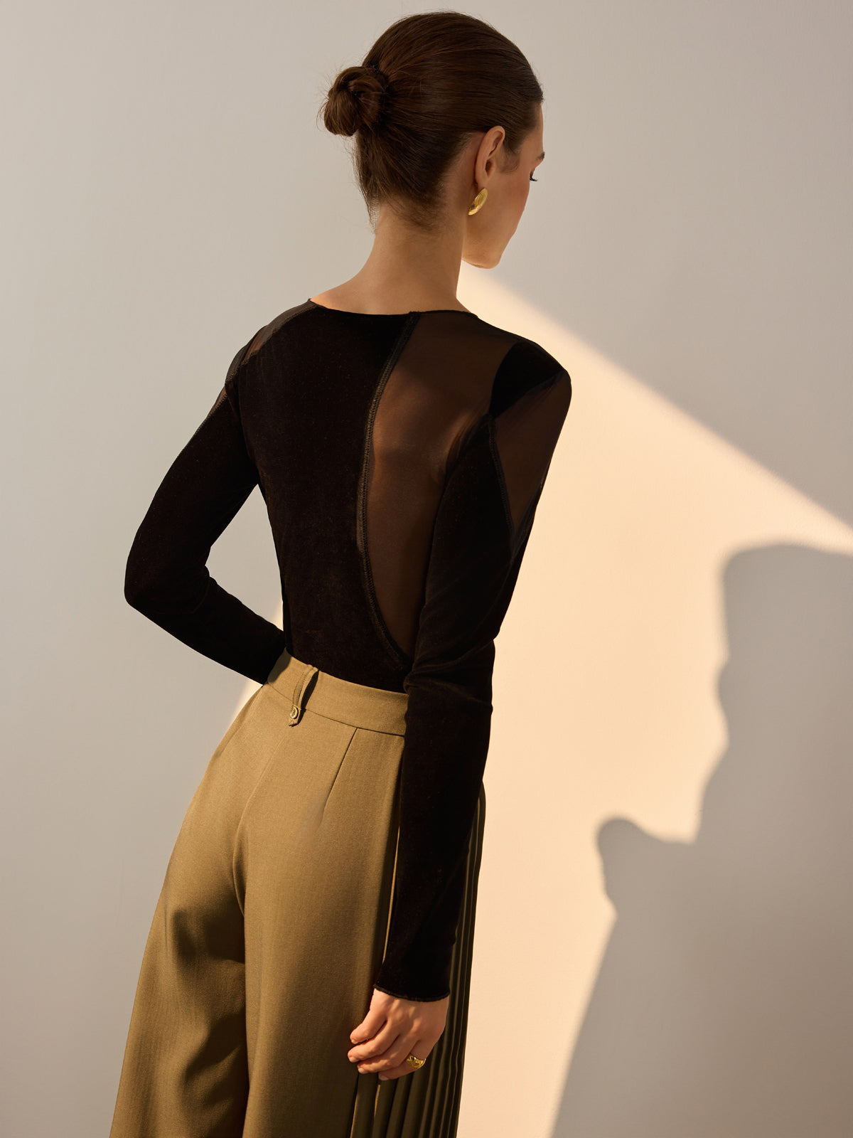 Asymmetrical Mesh-Detail Velvet Top
