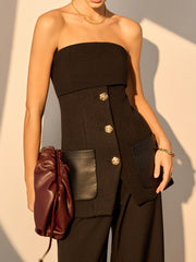 Metal Button Pockets Slit Tube Top