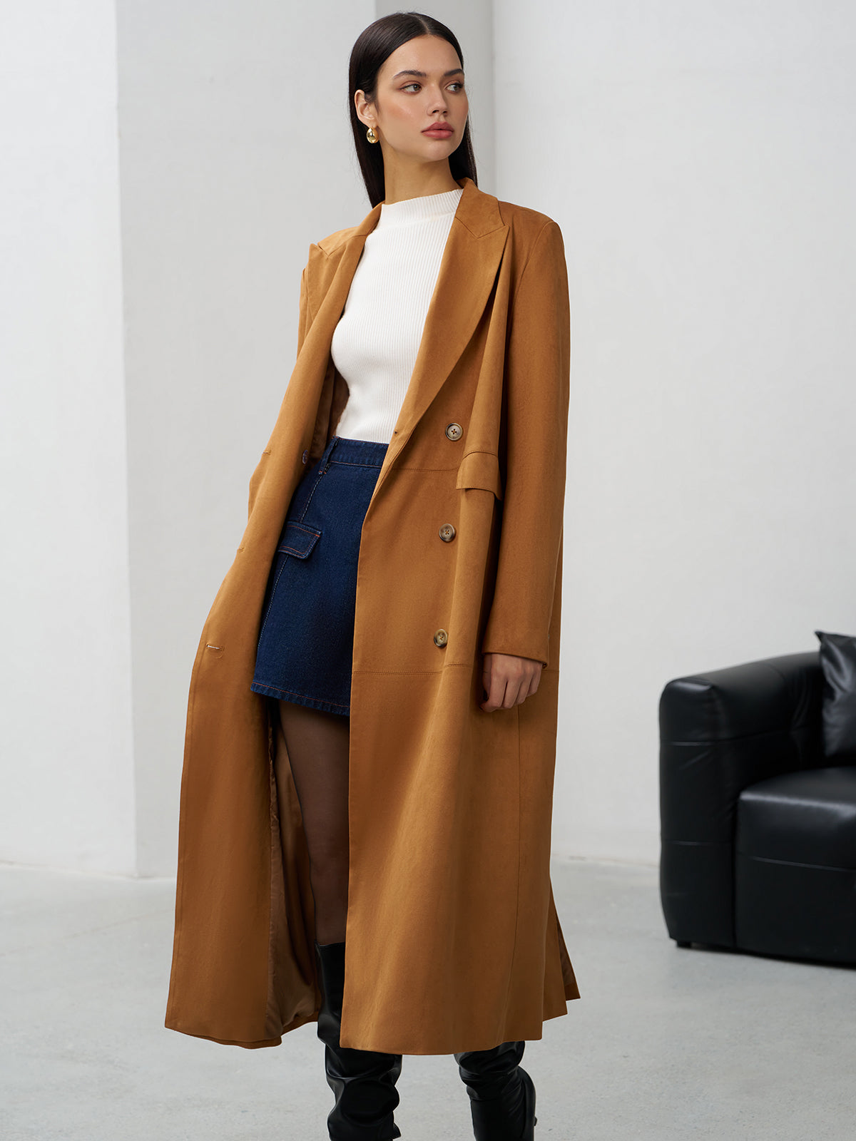 Suede Button Long Blazer