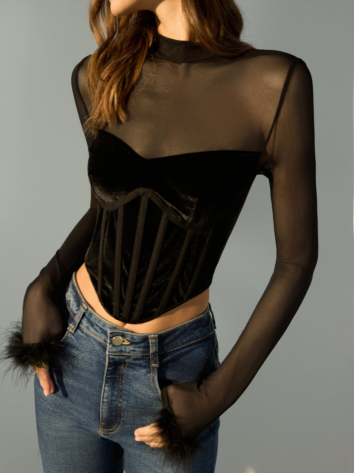 Tulle Panel Velvet Crop Blouse