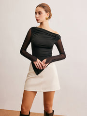 Asymmetric Ruched Semi-Sheer Blouse