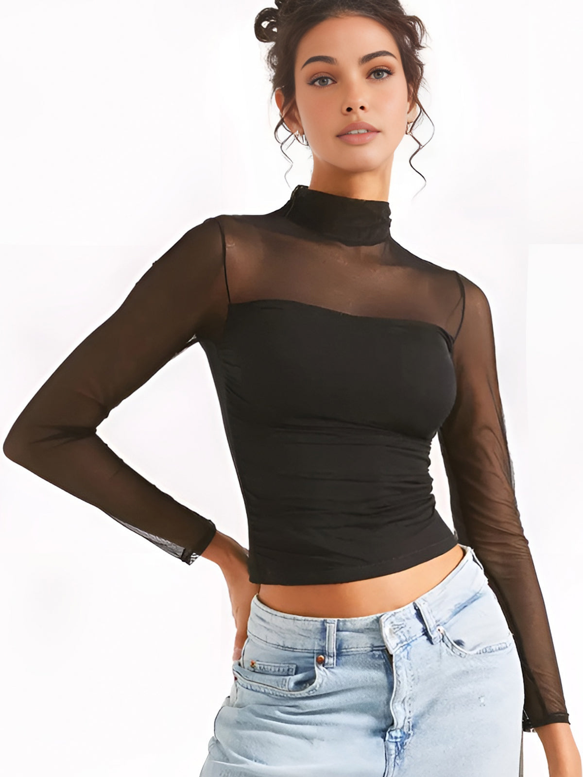 Pleated Sheer Panel Blouse