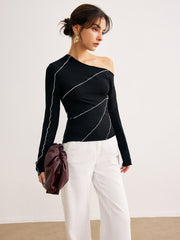 One-Shoulder Contrast Piping Skinny Blouse