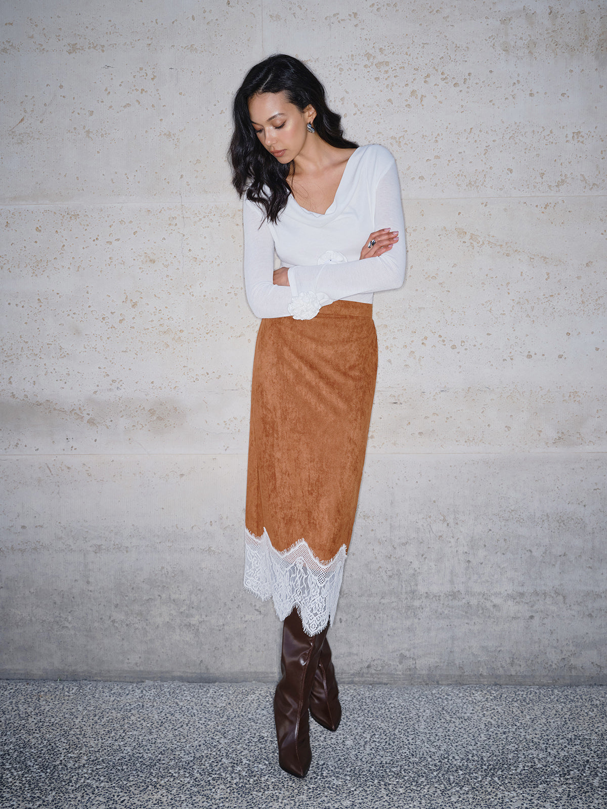 Lace Hem Suede Skirt