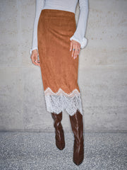 Lace Hem Suede Skirt