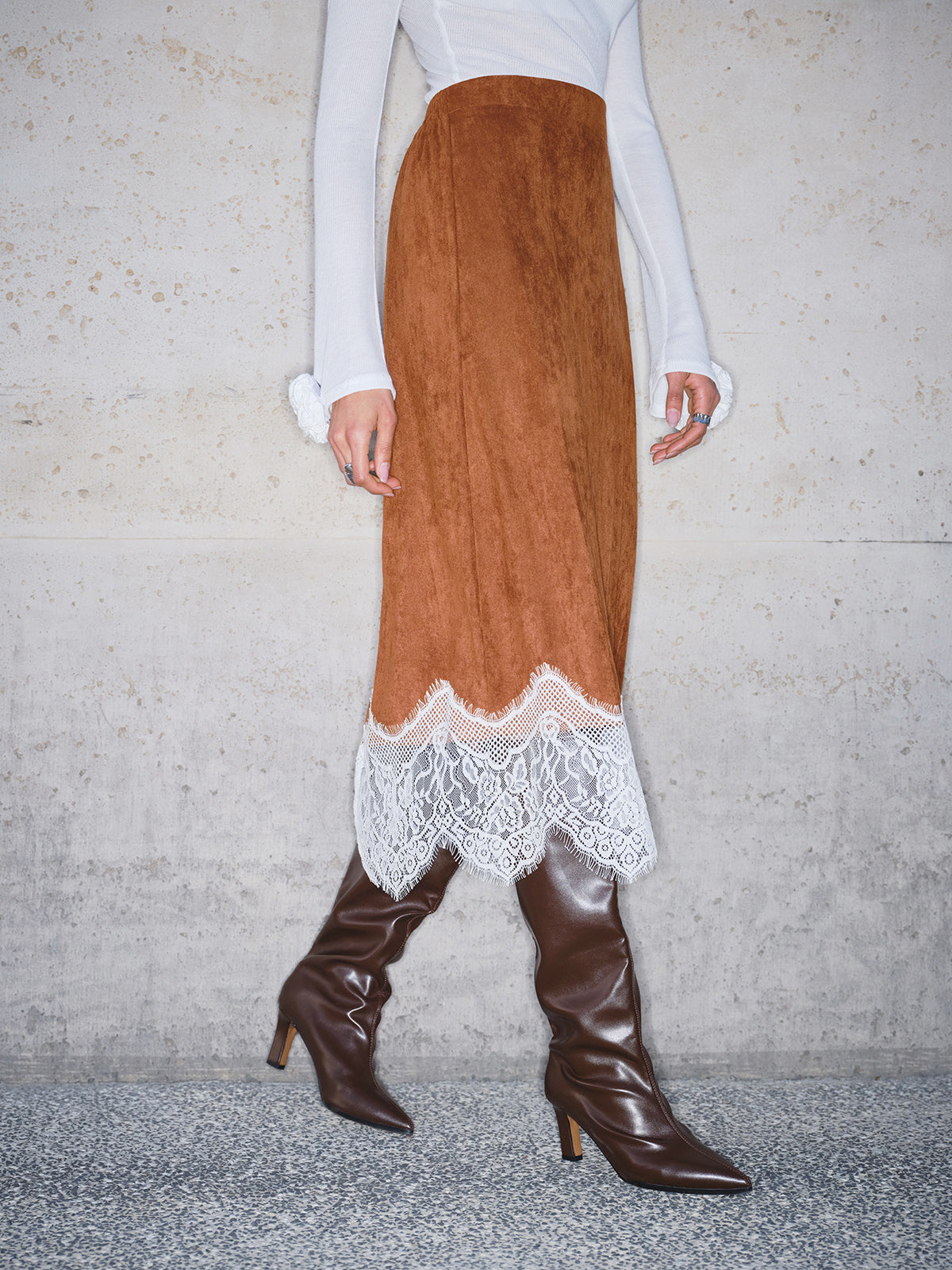 Lace Hem Suede Skirt