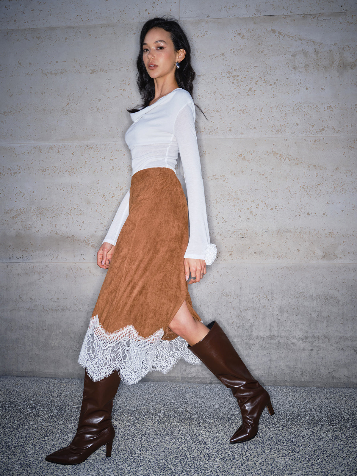 Lace Hem Suede Skirt