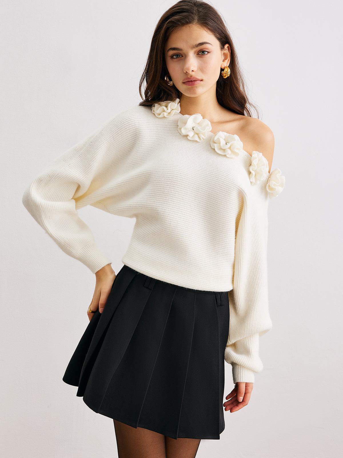 3D Flower Cold-Shoulder Sweater