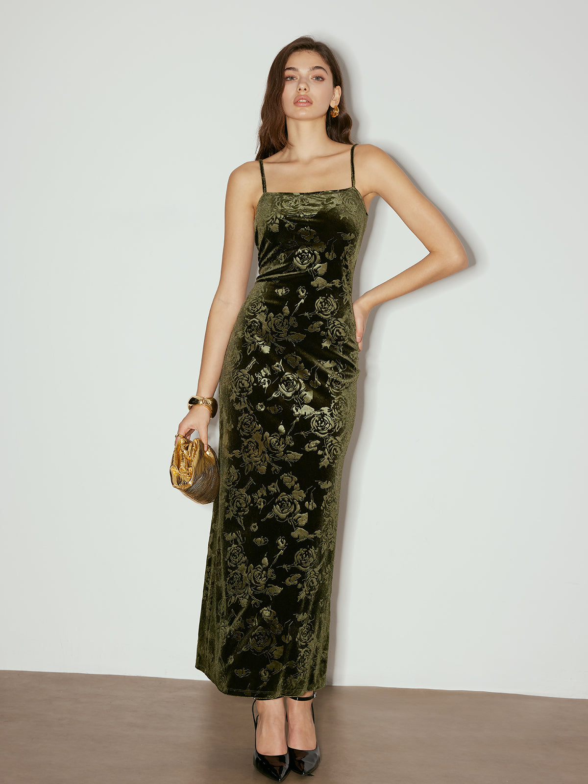 Rose Dark Pattern Velvet Cami Dress