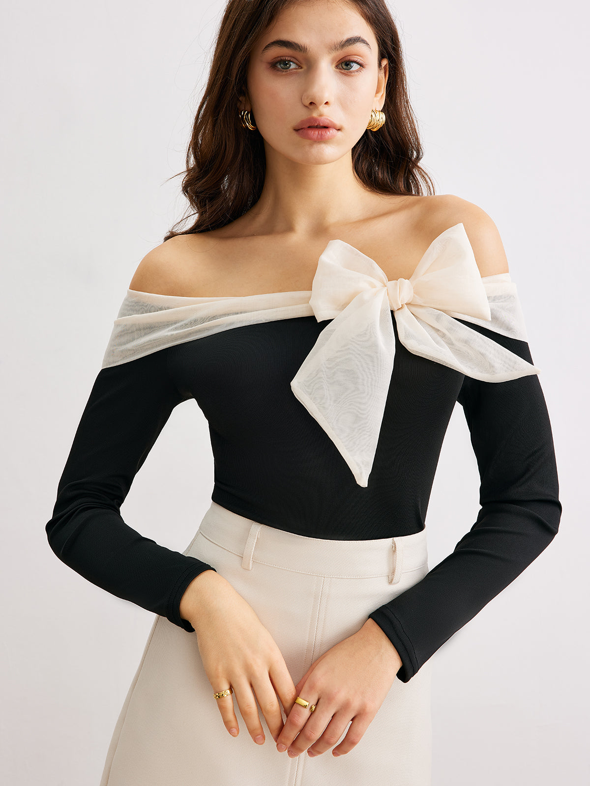 Chiffon-Bow Off-Shoulder Slim Blouse