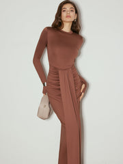 Ruched Tie-Front Jersey Long Dress