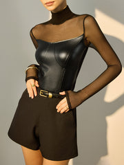 Faux Leather Panel Sheer Blouse