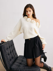 3D Flower Cold-Shoulder Sweater