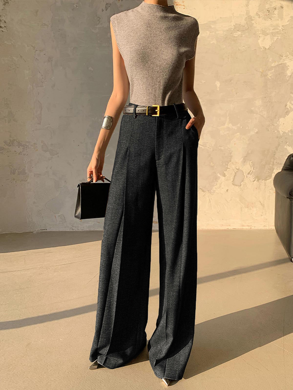 High Waist Pleated Pants Without Belt