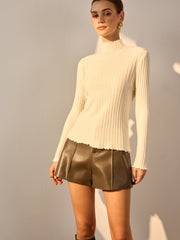 Minimalist Lettuce Trim Mock Neck Knit Top
