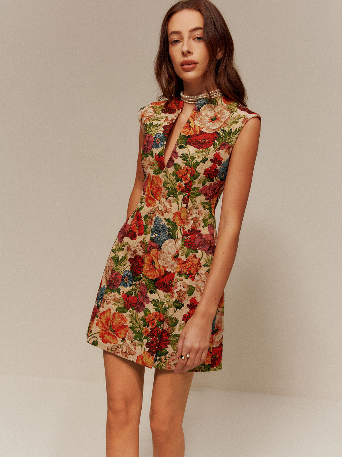 V-Neck Floral Zipper Tank Dress