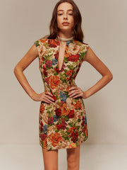 V-Neck Floral Zipper Tank Dress