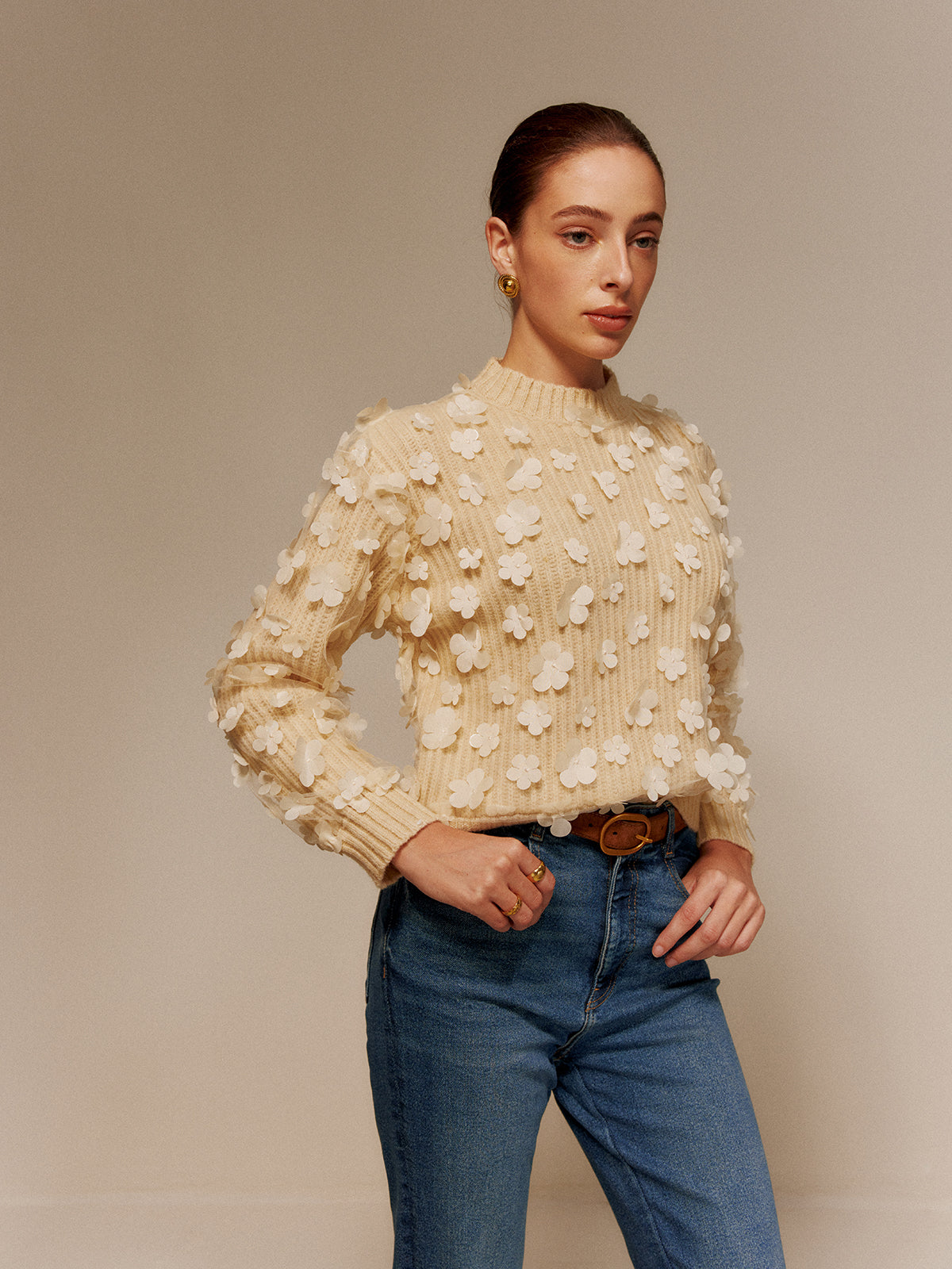 Floral-Decor Short Sweater
