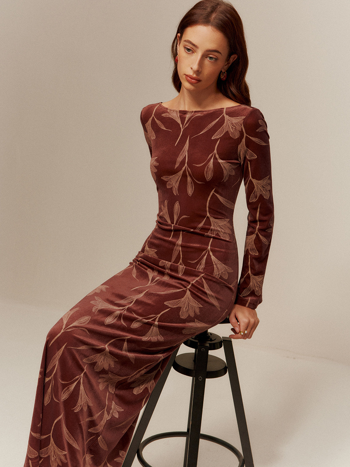 Backless Printed Velvet Slim Dress