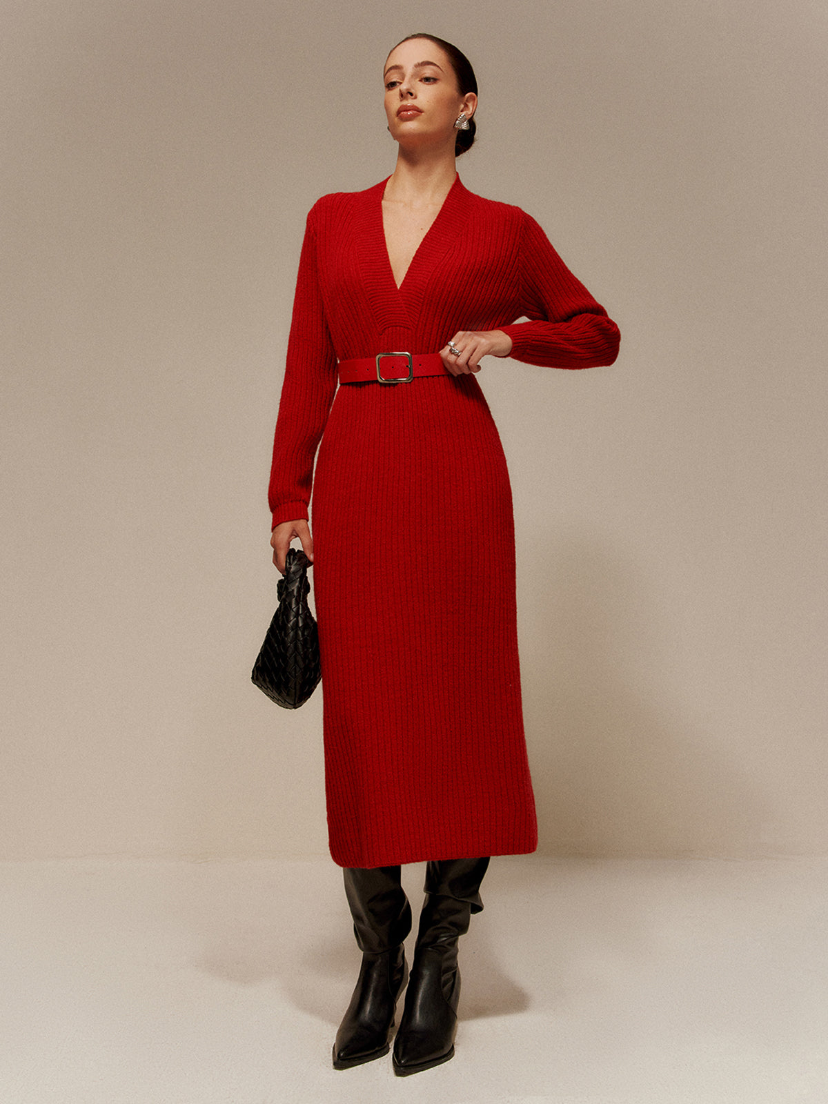 V-Neck Long Sleeve Belted Sweater Dress