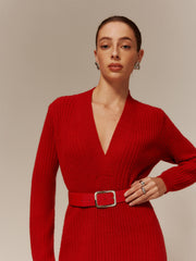 V-Neck Long Sleeve Belted Sweater Dress