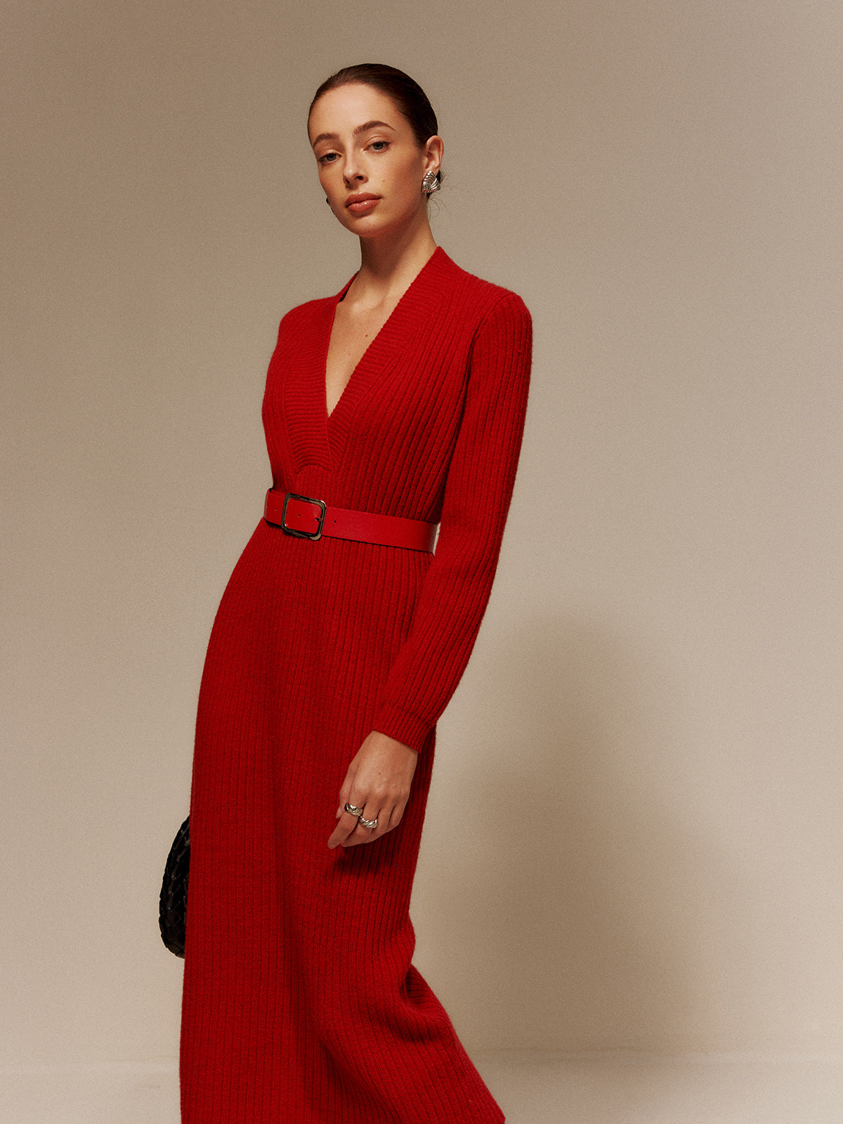 V-Neck Long Sleeve Belted Sweater Dress