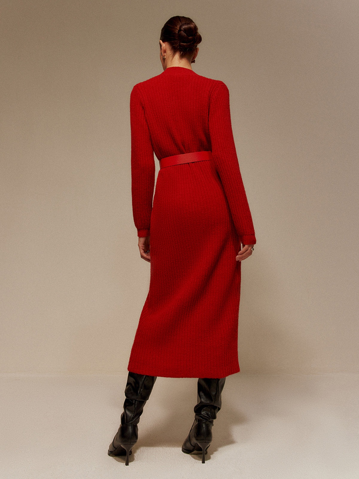 V-Neck Long Sleeve Belted Sweater Dress