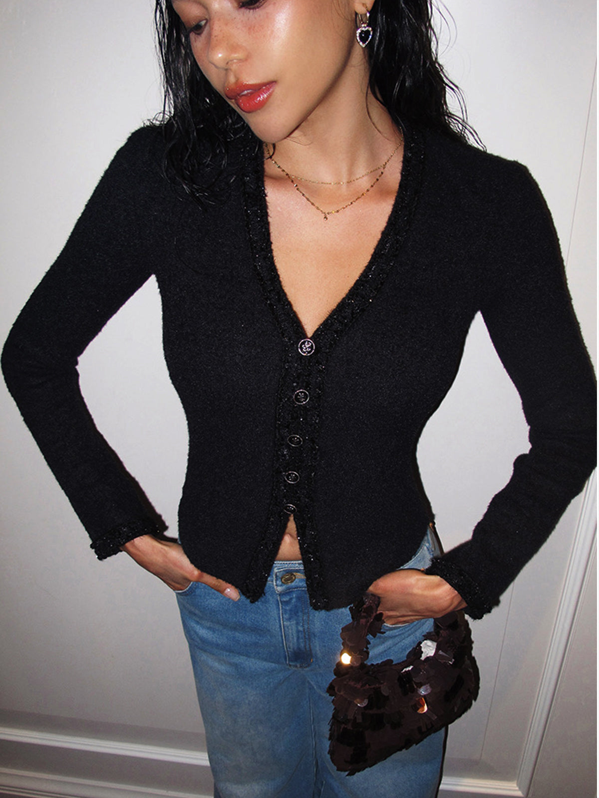 V-Neck Button Petite Blouse