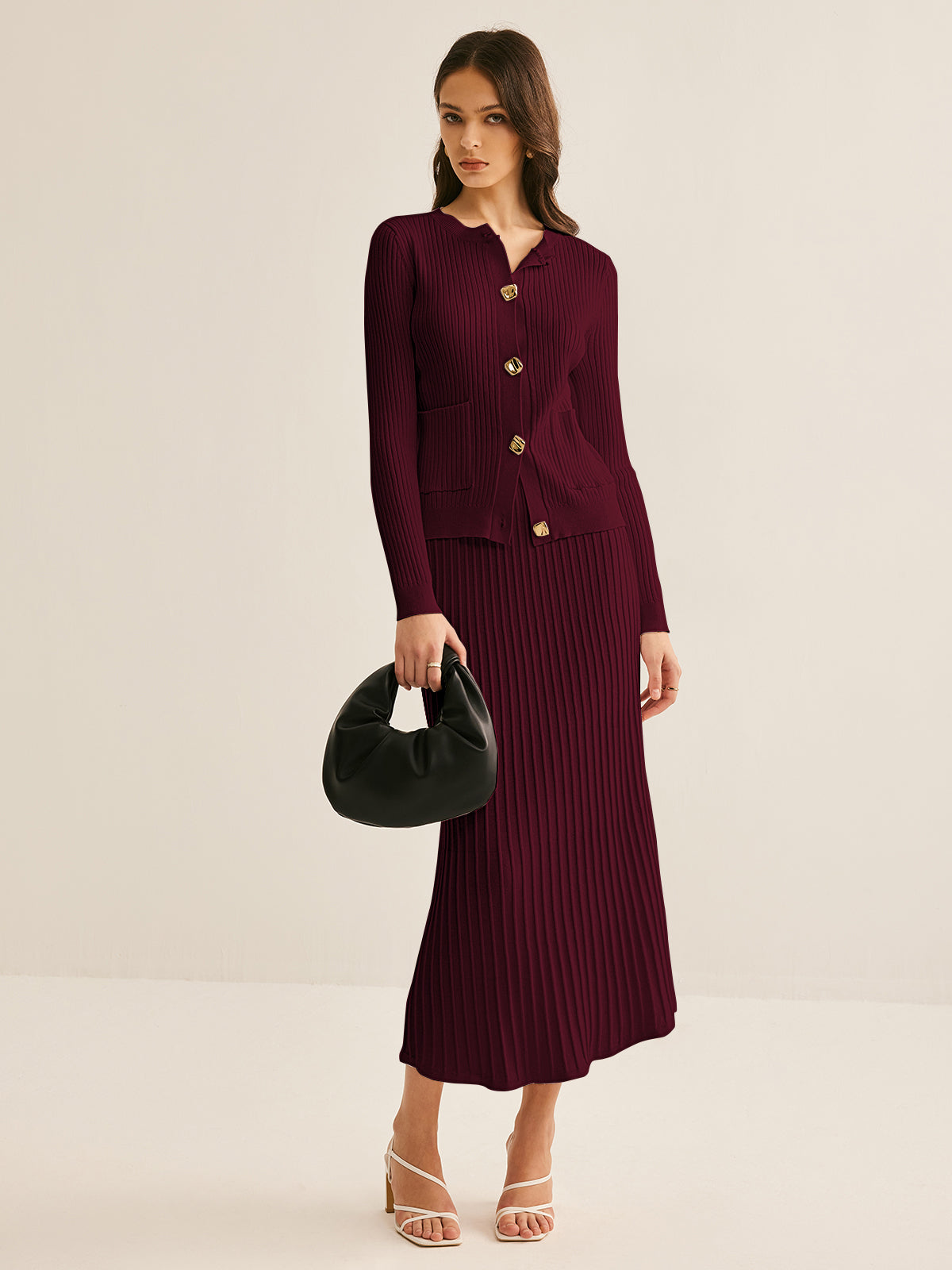 Elegant Button Pleated Sweater Co-ords