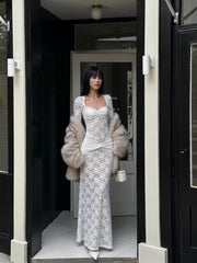 Ruched Lace Panel Long Dress