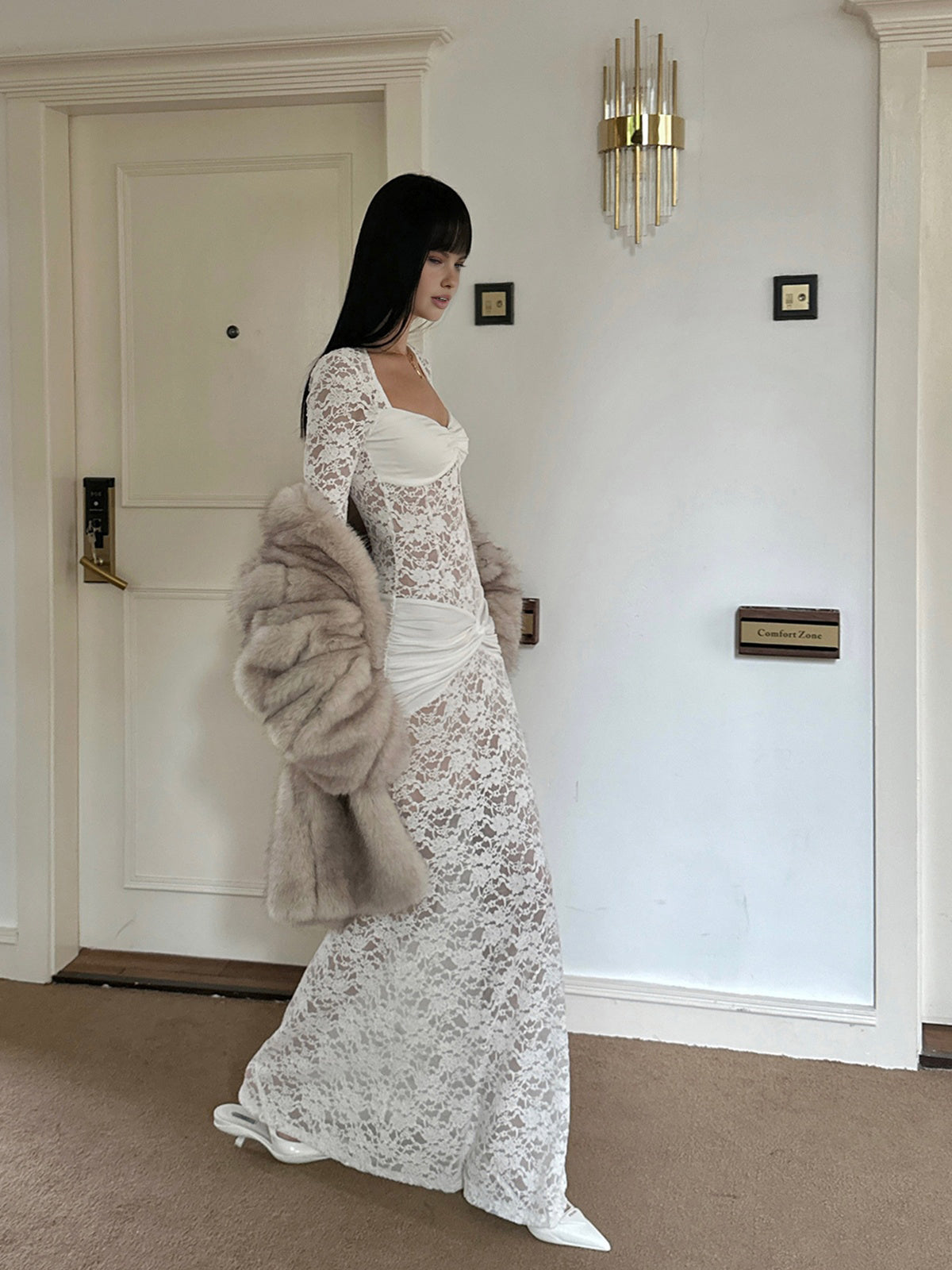 Ruched Lace Panel Long Dress