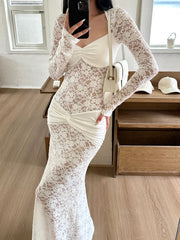 Ruched Lace Panel Long Dress