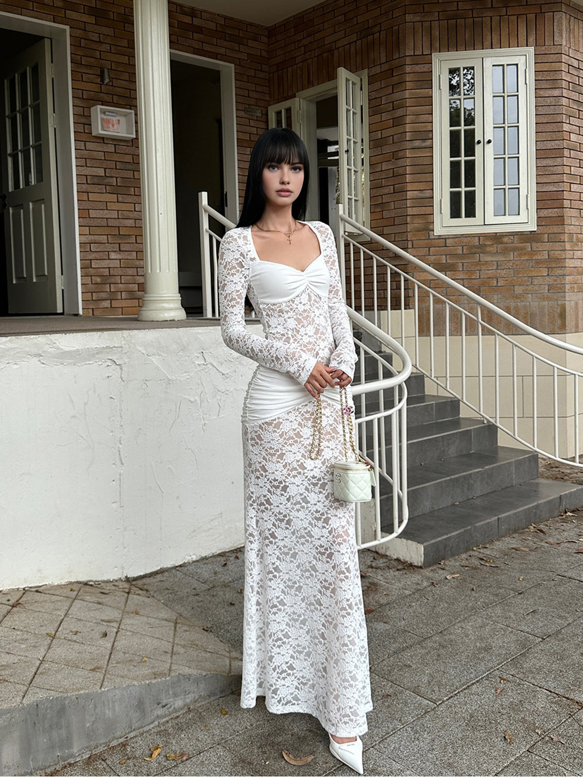 Ruched Lace Panel Long Dress