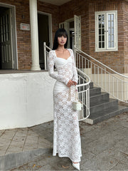 Ruched Lace Panel Long Dress