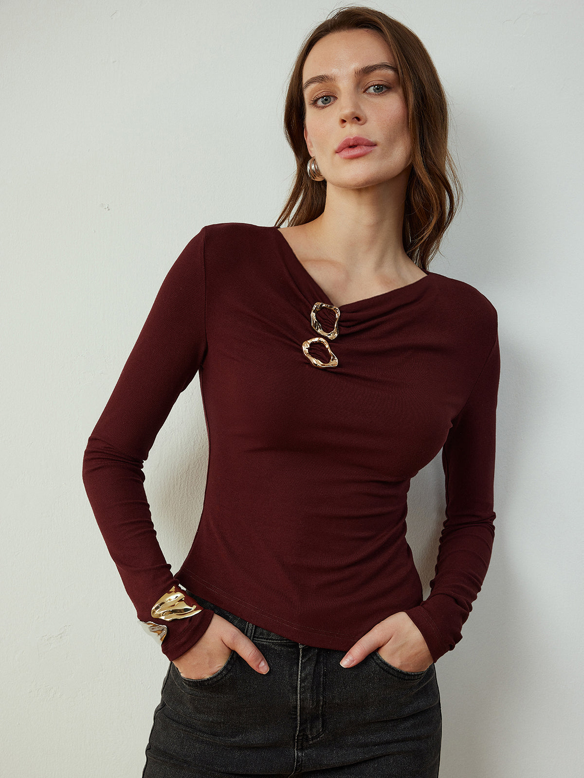 Cowl Neck Metal Decor Slim Blouse